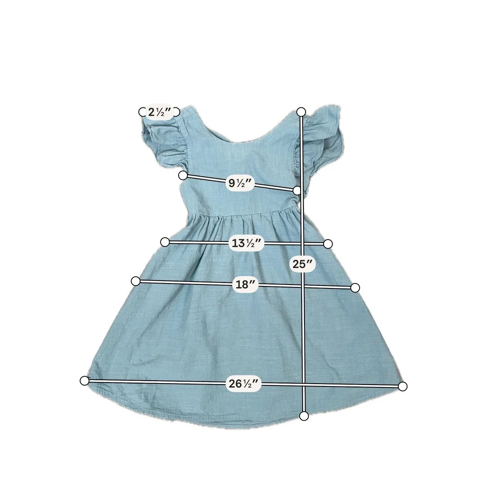 Girls Slate Blue Cotton Gauze Flutter Sleeve Open Back Tie Dress Size 110 5T